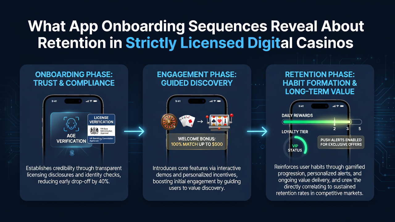 Analytics dashboard displaying retention curves and onboarding completion statistics for licensed casino apps